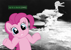 Size: 720x512 | Tagged: safe, derpibooru import, pinkie pie, earth pony, pony, atomic bomb, derpibooru, hiroshima, looking at you, meta, nuclear weapon, obligatory pony, op is a cuck, reaction image, shrug, shrugpony, tags, weapon, world war ii
