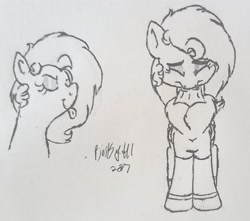 Size: 1775x1570 | Tagged: safe, artist:binkyt11, derpibooru exclusive, oc, oc only, oc:duck badge, pony, chest fluff, clothes, derpibooru, derpibooru ponified, eyes closed, eyeshadow, makeup, meta, monochrome, ponified, sneezing, socks, solo, tongue out, traditional art