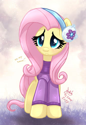 Size: 890x1300 | Tagged: safe, artist:joakaha, fluttershy, pegasus, pony, best gift ever, blushing, clothes, cute, earmuffs, female, shyabetes, solo, sweater