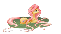 Size: 1600x900 | Tagged: safe, artist:hamanaki, fluttershy, pegasus, pony, chest fluff, cutie mark, female, grass, lidded eyes, long hair, mare, prone, simple background, smiling, solo, transparent background, wrong cutie mark