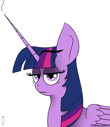 Size: 1445x1674 | Tagged: safe, artist:mackstack, twilight sparkle, twilight sparkle (alicorn), alicorn, pony, face, frown, lidded eyes, long horn, looking at you, redraw, simple background, solo, white background