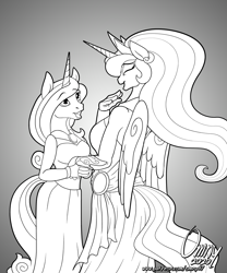 Size: 1000x1203 | Tagged: safe, artist:omny87, princess celestia, oc, oc:destiny light, alicorn, anthro, unicorn, black and white, commission, fanart, female, grayscale, mare, monochrome, pony oc