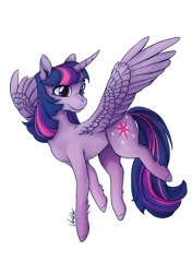 Size: 612x869 | Tagged: safe, artist:veskler, twilight sparkle, twilight sparkle (alicorn), alicorn, pony, curved horn, flying, looking at you, signature, simple background, smiling, solo, spread wings, unshorn fetlocks, white background