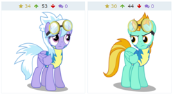 Size: 654x366 | Tagged: safe, cloudchaser, lightning dust, pony, derpibooru, juxtaposition, meta