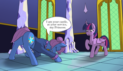 Size: 1200x700 | Tagged: safe, artist:sewlde, derpibooru import, twilight sparkle, twilight sparkle (alicorn), oc, oc:friendship rainbow, alicorn, pony, bowing, clothes, commission, dialogue, eyes closed, open mouth, plot, raised hoof, speech bubble, twilight's castle