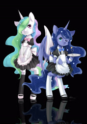 Size: 2480x3507 | Tagged: safe, artist:courtnolu, princess celestia, princess luna, alicorn, pony, apron, bipedal, black background, clothes, cuffs (clothes), cute, dress, drink, duo, female, glass, high res, looking at you, maid, mare, one eye closed, royal sisters, simple background, socks, tray, wine glass, wink