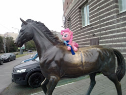 Size: 1080x810 | Tagged: safe, pinkie pie, irl, photo, plushie, ponies riding ponies, statue