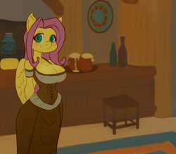 Size: 1280x1121 | Tagged: safe, artist:nanodeath, fluttershy, anthro, pegasus, adorasexy, bar maid, big breasts, breasts, cleavage, clothes, cute, female, hootershy, looking at you, mare, mug, sexy, solo, tavern, wench