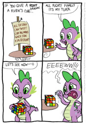 Size: 555x792 | Tagged: safe, artist:kturtle, spike, dragon, comic, disgusted, drool, implied pinkie pie, male, rubik's cube, saliva on toy, solo