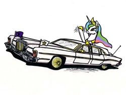 Size: 900x680 | Tagged: safe, artist:sketchywolf-13, princess celestia, alicorn, pony, car, crown, female, flag, horn, jewelry, limousine, lincoln (car), lincoln continental, mare, regalia, simple background, solo, traditional art, waving, white background