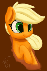 Size: 1027x1569 | Tagged: safe, artist:tg1117, applejack, earth pony, pony, blonde, brown background, female, hatless, mare, missing accessory, simple background, smiling, solo