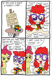 Size: 547x802 | Tagged: safe, artist:kturtle, apple bloom, twist, earth pony, pony, comic, duo, duo female, female, filly, happy, name pun, pun, rubik's cube, sitting