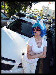 Size: 3456x4608 | Tagged: safe, artist:krazykari, dj pon-3, vinyl scratch, human, absurd resolution, car, clothes, cosplay, costume, irl, irl human, photo, solo, sunglasses