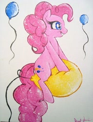 Size: 305x400 | Tagged: safe, artist:prettypinkpony, pinkie pie, earth pony, pony, acrylic painting, balloon, balloon sitting, female, simple background, solo, traditional art, white background