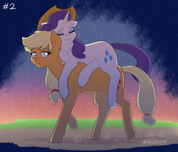 Size: 1024x878 | Tagged: safe, artist:feellikeaplat, applejack, rarity, earth pony, pony, unicorn, cowboy hat, duo, eyes closed, female, hat, lesbian, mare, ponies riding ponies, rarijack, shipping, smiling, stetson