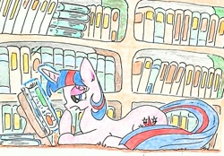 Size: 946x657 | Tagged: safe, artist:hihin1993, derpibooru import, twilight sparkle, book, library, magic, solo, telekinesis, traditional art, yawn