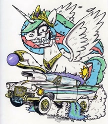 Size: 892x1025 | Tagged: safe, artist:sketchywolf-13, princess celestia, alicorn, pony, car, collar, crown, cutie mark, female, fire, horn, jewelry, mare, rat fink, regalia, sharp teeth, sidepipes, simple background, smoke, solo, sunbeam (car), teeth, traditional art, white background, wings