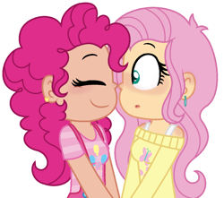 Size: 1138x1004 | Tagged: safe, artist:geekcoffee, fluttershy, pinkie pie, human, blushing, boop, clothes, cute, diapinkes, ear piercing, earring, eyes closed, female, flutterpie, holding hands, humanized, jewelry, lesbian, noseboop, piercing, shipping, shyabetes, simple background, sweater, sweatershy, white background