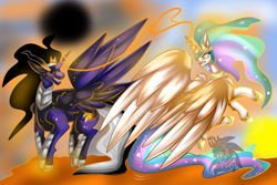 Size: 4500x3000 | Tagged: safe, artist:sapphirus, princess celestia, oc, alicorn, pony, absorbtion, alicorn oc, black sclera, commission, event horizon, evil, female, fight, horn, magic theft, male, mare, offspring, parent:king sombra, sombra eyes, stallion, wings