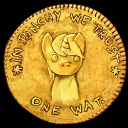 Size: 600x600 | Tagged: safe, artist:skoon, ruby pinch, pony, unicorn, coin, female, filly, in pinchy we trust, one wat, solo, wat