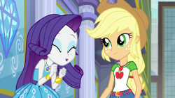 Size: 1280x720 | Tagged: safe, screencap, applejack, rarity, equestria girls, equestria girls series, super squad goals, building, canterlot city, city, clothes, cowboy hat, dress, excited, eyes closed, freckles, geode of shielding, geode of super strength, hat, shipping fuel, shorts, stetson