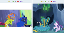 Size: 473x250 | Tagged: safe, edit, edited screencap, screencap, princess luna, starlight glimmer, thorax, alicorn, changedling, changeling, pony, celestial advice, abuse, derpibooru, fake starlight glimmer, flyswatter, juxtaposition, king thorax, meta