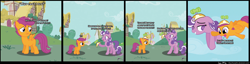 Size: 2880x740 | Tagged: dead source, safe, artist:ivanpqwerty, scootaloo, screwball, earth pony, pegasus, pony, comic, duo, duo female, female, filly, flying, hat, heartwarming, lidded eyes, mare, propeller hat, sad, scootaloo can't fly, scootalove, uplifting