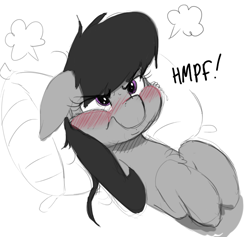 Size: 835x792 | Tagged: safe, artist:anearbyanimal, octavia melody, earth pony, pony, angry, blushing, chest fluff, cute, embarrassed, female, floppy ears, frustrated, mare, messy mane, octavia is not amused, pillow, solo, tavibetes, unamused