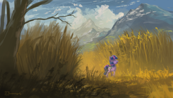 Size: 1920x1080 | Tagged: dead source, safe, artist:shamanguli, derpibooru import, smarty pants, twilight sparkle, unicorn twilight, unicorn, atg 2016, field, filly, mountain, newbie artist training grounds, scenery, solo, younger