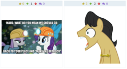 Size: 857x467 | Tagged: safe, derpibooru import, screencap, cherry cola, cherry fizzy, maud pie, rarity, pony, unicorn, rock solid friendship, derpibooru, discovery family logo, juxtaposition, juxtaposition win, meme, meta