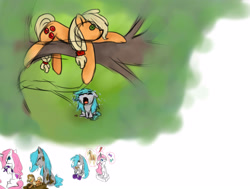 Size: 3665x2776 | Tagged: safe, artist:elisdoominika, applejack, rarity, oc, oc:sally, oc:sweet elis, earth pony, pony, unicorn, bow, comb, crying, happy, mud, plushie, tree, tree branch