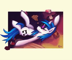 Size: 1500x1258 | Tagged: safe, artist:sevoohypred, dj pon-3, vinyl scratch, pony, unicorn, chips, food, nachos, sleeping, solo