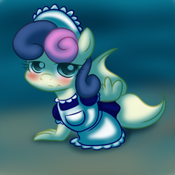 Size: 2000x2000 | Tagged: safe, artist:kloudmutt, artist:okami-ano-usagi, bon bon, sweetie drops, sea pony, blushing, bon bon is not amused, clothes, maid, solo, species swap