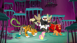 Size: 1440x809 | Tagged: safe, screencap, chimera sisters, fluttershy, bugbear, chimera, cockatrice, manticore, pegasus, pony, school raze, background monster, cage, female, mare, monster, multiple heads, tartarus, three heads