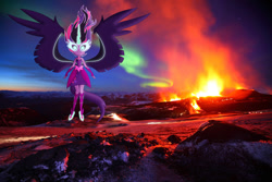 Size: 1960x1307 | Tagged: safe, artist:uponia, artist:xebck, derpibooru import, midnight sparkle, sci-twi, twilight sparkle, equestria girls, aurora borealis, clothes, equestria girls in real life, eruption, iceland, request, solo, volcano