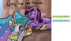 Size: 1106x640 | Tagged: safe, artist:slavedemorto, edit, princess celestia, twilight sparkle, twilight sparkle (alicorn), alicorn, pony, crown, derpibooru, faic, imminent death, imminent murder, imminent regicide, jewelry, meta, regalia, smirk, tags, the lion king, twiface, tyrant sparkle