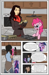 Size: 721x1108 | Tagged: safe, artist:murrlogic1, derpibooru import, pinkie pie, twilight sparkle, twilight sparkle (alicorn), alicorn, human, pony, alternate universe, asami destroys equestria, asami sato, baking, comic, corrupted, crossover, cupcake, food, kitchen, korra, out of character, the legend of korra