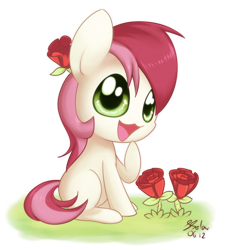 Size: 900x1000 | Tagged: safe, artist:solar-slash, roseluck, earth pony, pony, chibi, cute, female, flower, flower in hair, mare, rose, simple background, sitting, solo, transparent background