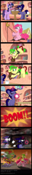 Size: 675x3652 | Tagged: safe, artist:niban-destikim, derpibooru import, pinkie pie, twilight sparkle, twilight sparkle (alicorn), oc, oc:daisy bell, oc:midnight star, alicorn, earth pony, pony, comic, golden oaks library, prank, this will end in pain