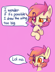 Size: 721x946 | Tagged: safe, artist:lilfunkman, oc, oc only, oc:taco horse, pony, anatomy, art, artist, bust, chin scratch, colored, comic, eye clipping through hair, heterochromia, lol, lol no, lolno, meta, puzzled, solo, speech bubble, stylus, wings