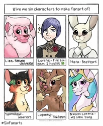 Size: 1080x1319 | Tagged: safe, artist:riocinart, princess celestia, alicorn, anthro, big cat, cat, lion, pony, rabbit, animal, anthro with ponies, beastars, bust, crossover, female, fire emblem: three houses, haru (beastars), jewelry, lion (steven universe), lopunny, male, mare, peytral, pokémon, six fanarts, steven universe, tiara, warrior cats