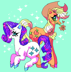 Size: 443x450 | Tagged: safe, artist:njeekyo, applejack, rarity, earth pony, pony, unicorn, cowboy hat, duo, female, flower, hat, lesbian, mare, rarijack, shipping, unshorn fetlocks