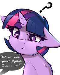 Size: 1200x1500 | Tagged: safe, artist:captainpudgemuffin, twilight sparkle, twilight sparkle (alicorn), alicorn, pony, bust, cheek fluff, chest fluff, colored pupils, confused, cute, dialogue, floppy ears, fluffy, frown, looking at something, meme, offscreen character, on all levels except physical, portrait, question mark, raised eyebrow, simple background, solo, speech bubble, twiabetes, white background