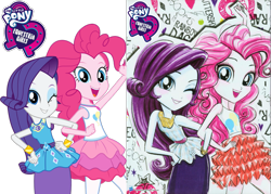 Size: 1745x1247 | Tagged: safe, artist:luisstormcardoso, artist:ritalux, edit, pinkie pie, rarity, better together, equestria girls, clothes, comparison, equestria girls logo, geode of shielding, geode of sugar bombs, hasbro logo, logo, logo edit, magazine scan, my little pony logo, official, official art, one eye closed, pose, poster, simple background, smiling, transparent background, wink