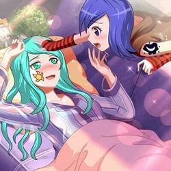 Size: 400x400 | Tagged: safe, editor:nurinmlp, princess celestia, princess luna, human, :o, alternative cutie mark placement, arm warmers, bang dream, blanket, blushing, clothes, cutie mark on human, duo, female, humanized, open mouth, siblings, sofa