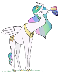 Size: 1180x1505 | Tagged: safe, artist:jargon scott, princess celestia, princess luna, giraffe, pony, alternate cutie mark, angry sun, cake, food, giraffelestia, i can't believe it's not alumx, long neck, majestic as fuck, necc, princess necklestia, simple background, species swap, white background