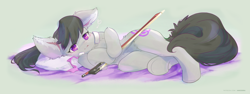 Size: 4258x1600 | Tagged: safe, artist:ancesra, octavia melody, earth pony, pony, bow (instrument), cute, ear fluff, female, fluffy, mare, on side, pillow, solo, underhoof