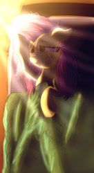 Size: 2500x4600 | Tagged: safe, artist:sweetbrew, fluttershy, pegasus, pony, bed, bed mane, blanket, covering eyes, female, lidded eyes, looking away, looking up, mare, messy mane, morning, morning ponies, on back, on bed, pillow, smiling, solo, stray strand, sunlight