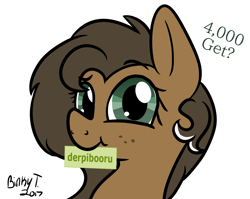 Size: 1310x1043 | Tagged: safe, artist:binkyt11, derpibooru exclusive, oc, oc only, oc:duck badge, pony, bust, cute, derpibooru, derpibooru ponified, female, looking at you, mare, meta, milestone, mouth hold, nom, ponified, simple background, solo, white background