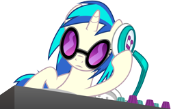 Size: 4914x3149 | Tagged: safe, artist:cloudyglow, dj pon-3, vinyl scratch, pony, unicorn, slice of life (episode), absurd resolution, female, headphones, hooves, horn, mare, mixing console, simple background, solo, sunglasses, transparent background, turntable, vector